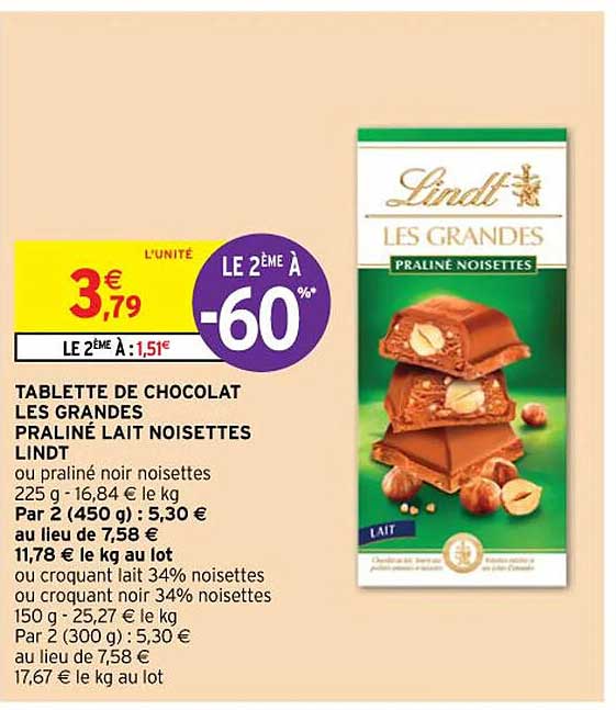 tablette de chocolat les grandes praliné lait noisettes lindt