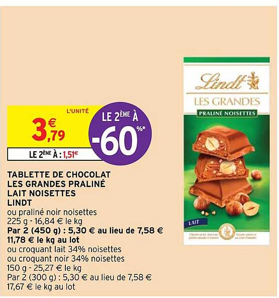 tablette de chocolat les grandes praliné lait noisettes lindt