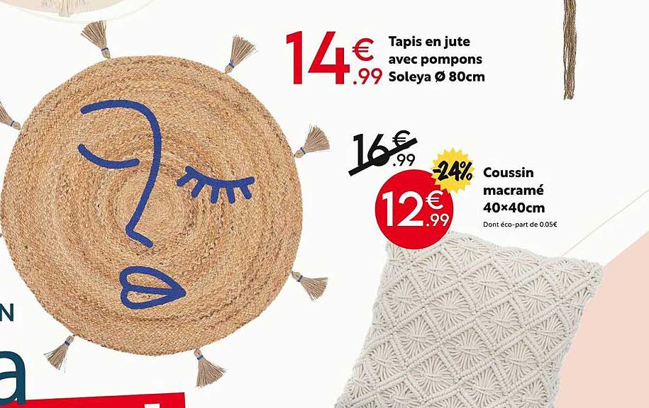 tapis en jute avec pompons soleya ø80 cm, coussin macramé 40 x 40 cm