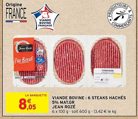 viand bovine : 6 steaks hachés 5% mat.gr jean rozé