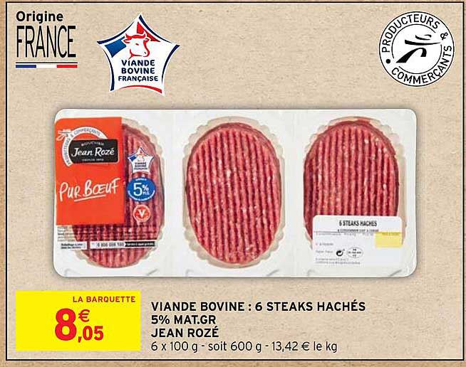 viande bovine: 6 steaks hachés 5% mat.gr jean rozé