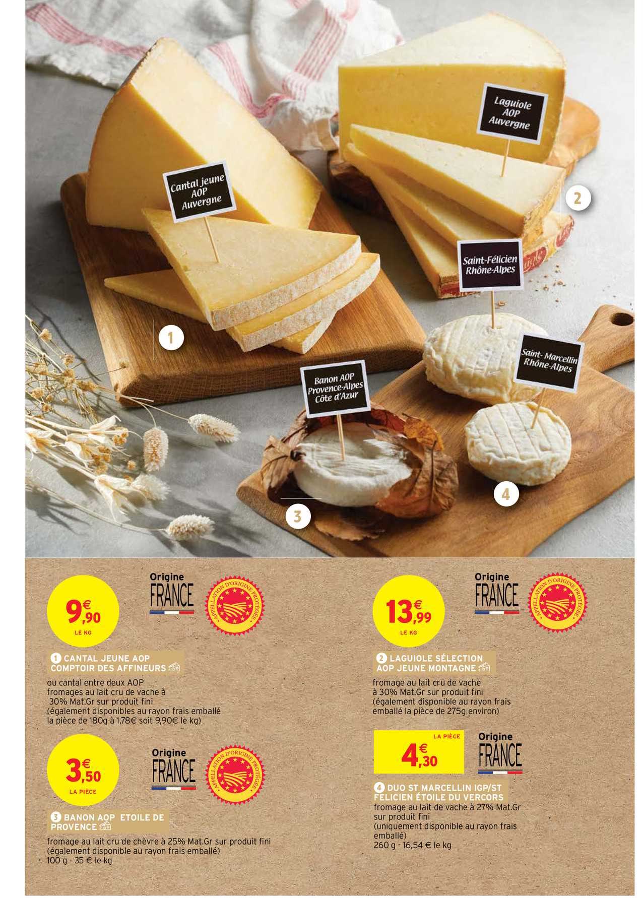 cantal jeune aop comptoir des affineurs, laguiole selection aop jeune montagne, banon aop étoile de provence, duo saint marcelin igp st félicien étoile du vercors