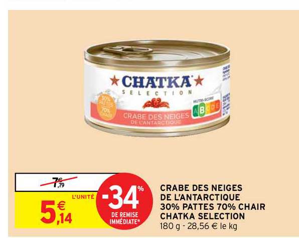crabe des neiges de l'antarctique 30% pattes 70% chair chatka selection