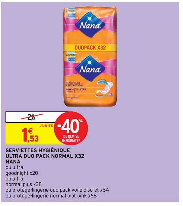 serviettes hygiénique ultra duo pack normal x32  nana