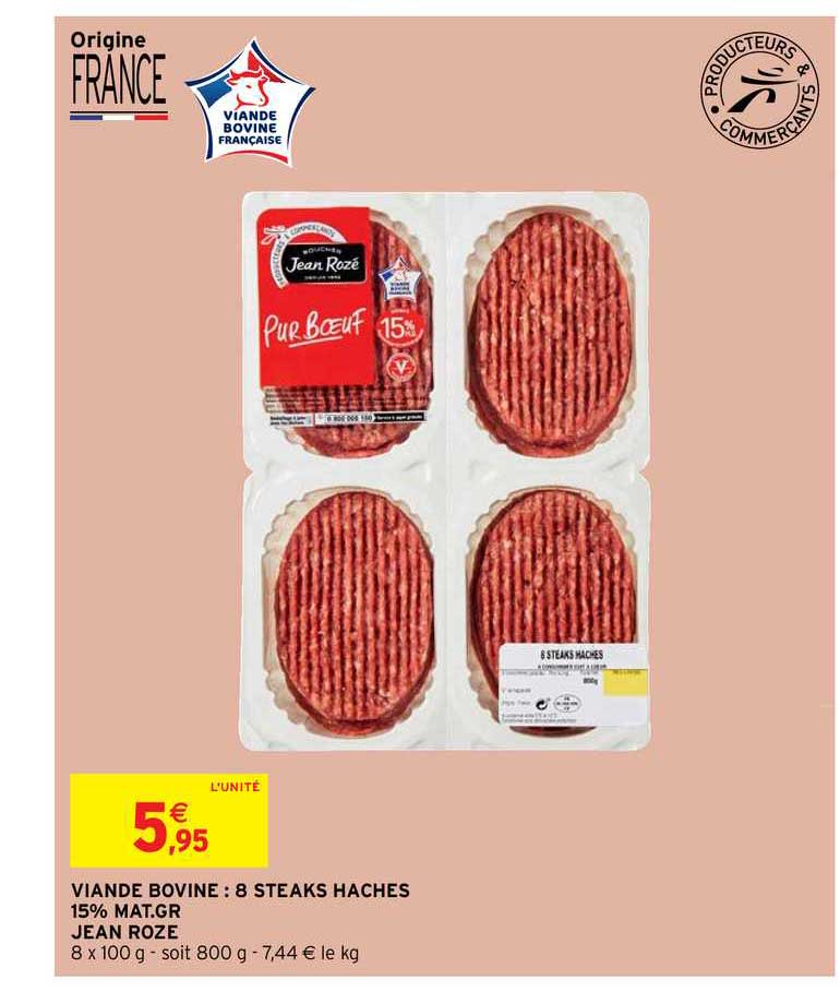 viande bovine : 8 steaks hachés 15% mat.gr. jean rozé