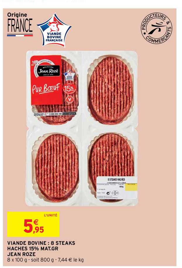 viande bovine : 8 steaks hachés 15% mat.gr. jean rozé