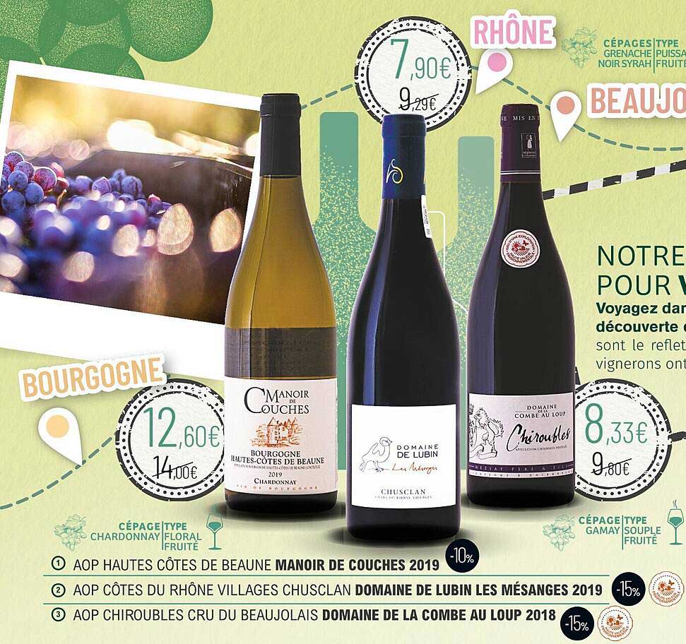 aop hautes côtes de beaune manoir de couches 2019, aop côtes du rhône villages chusclan  domaine de lubin les mésanges 2019, aop chiroubles cru du beaujolais domaine de la combe au loup 2018