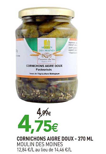 cornichons aigre doux moulin des moines - 370 ml