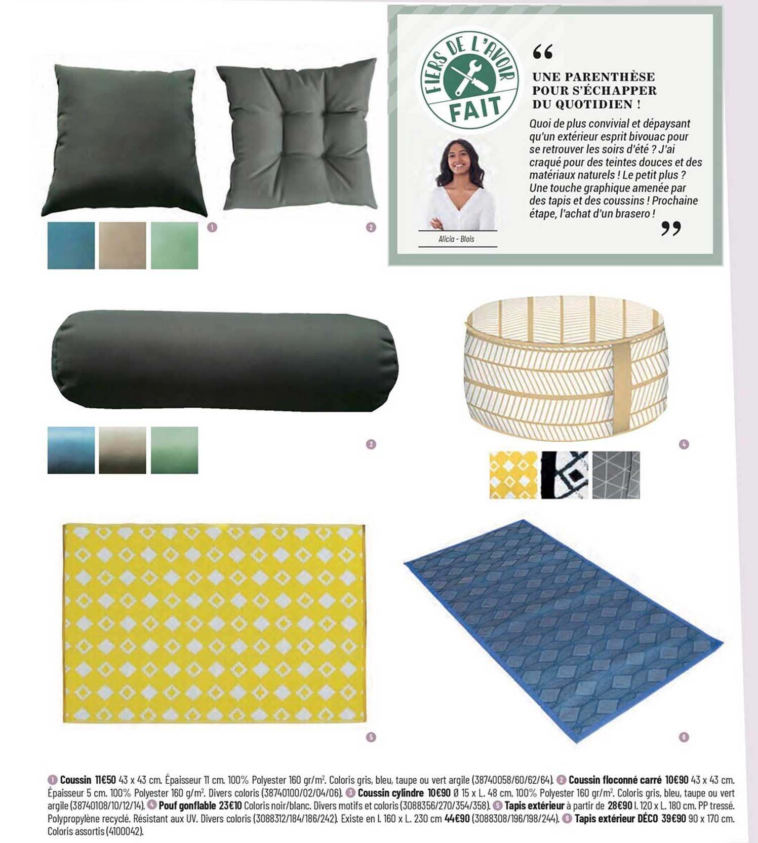 coussin, coussin floconné carré, pouf gonflable, tapis extérieur, tapis extérieur déco