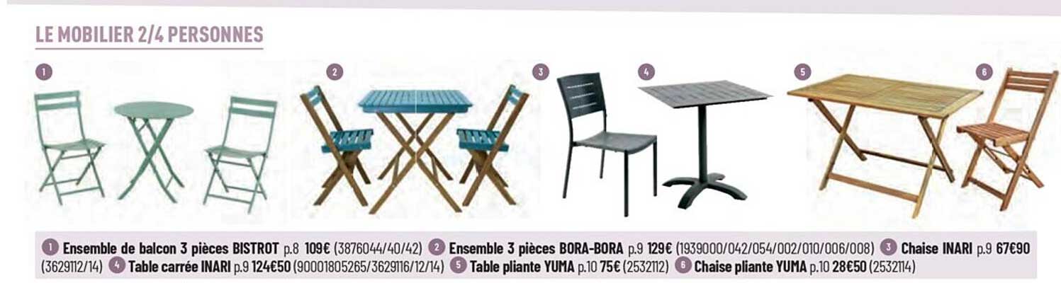 ensemble de balcon 3 pièces bistrot, ensemble 3 pièces bora-bora, chaise inari, table carrée inari, table pliante yuma, chaise pliante yuma