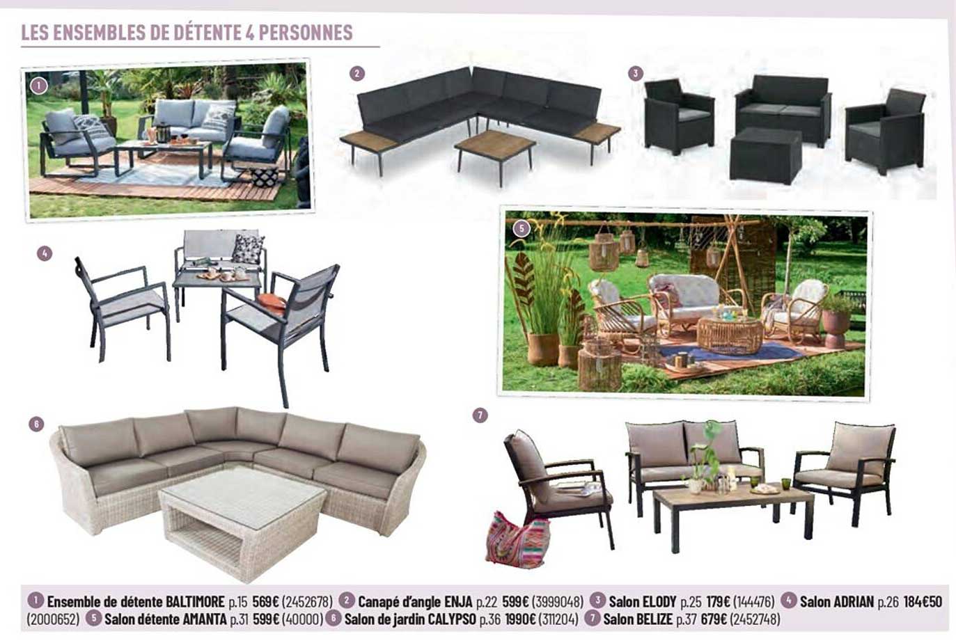 ensemble de détente baltimore, canapé d'angle enja, salon elody, salon adrian, salon détente amanta, salon de jardin calypso, salon belize