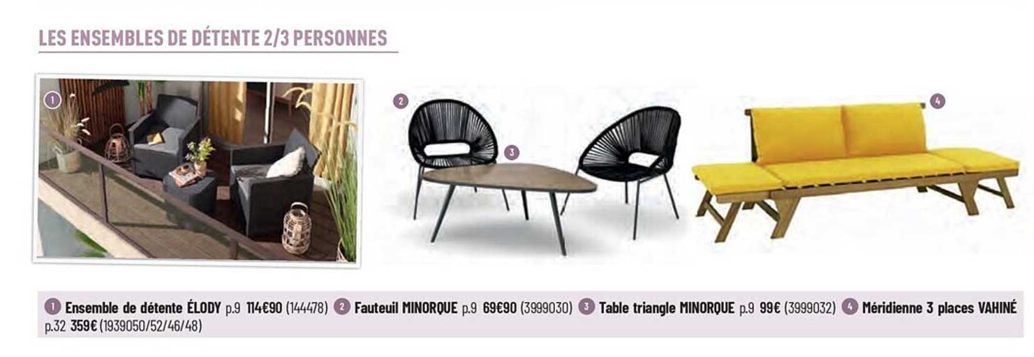 ensemble de détente élody, fauteuil minorque, table triangle minorque, méridienne 3 places vahiné