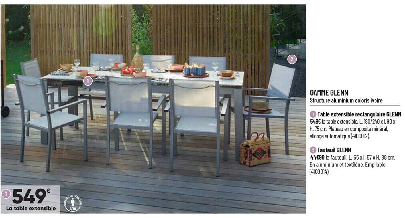 gamme glenn : table extensible rectangulaire, fauteuil