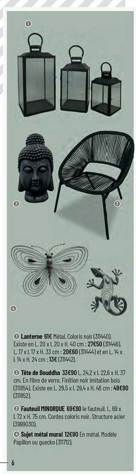 lanterne, tête de bouddha, fauteuil minorque, sujet métal mural