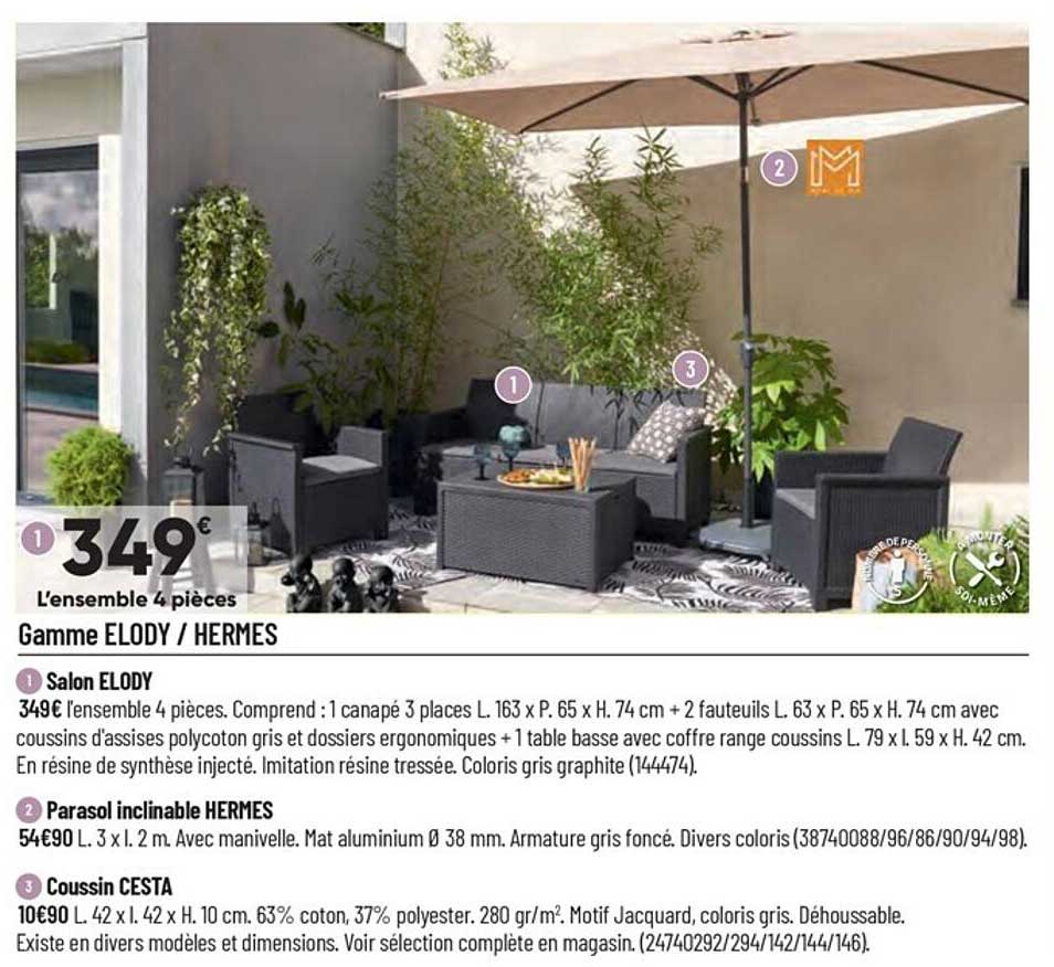 salon elody, parasol inclinable hermes, coussin cesta