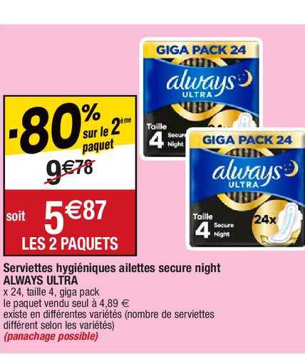serviettes hygiéniques ailettes secure night always ultra