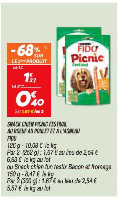 snack chien picnic festival au bœuf au poulet et à l'agneau fido