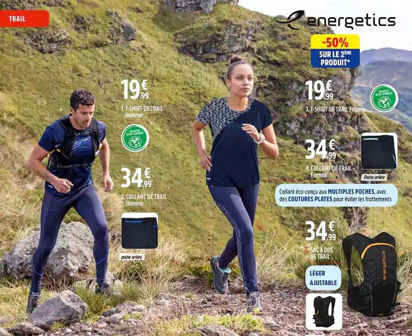 t-shirt de trail homme, t-shirt de trail femme, sac à dos de trail, collant de trail femme energetics