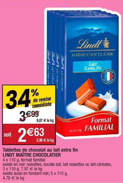 tablettes de chocolat au lait extra fin lindt maître chocolatier