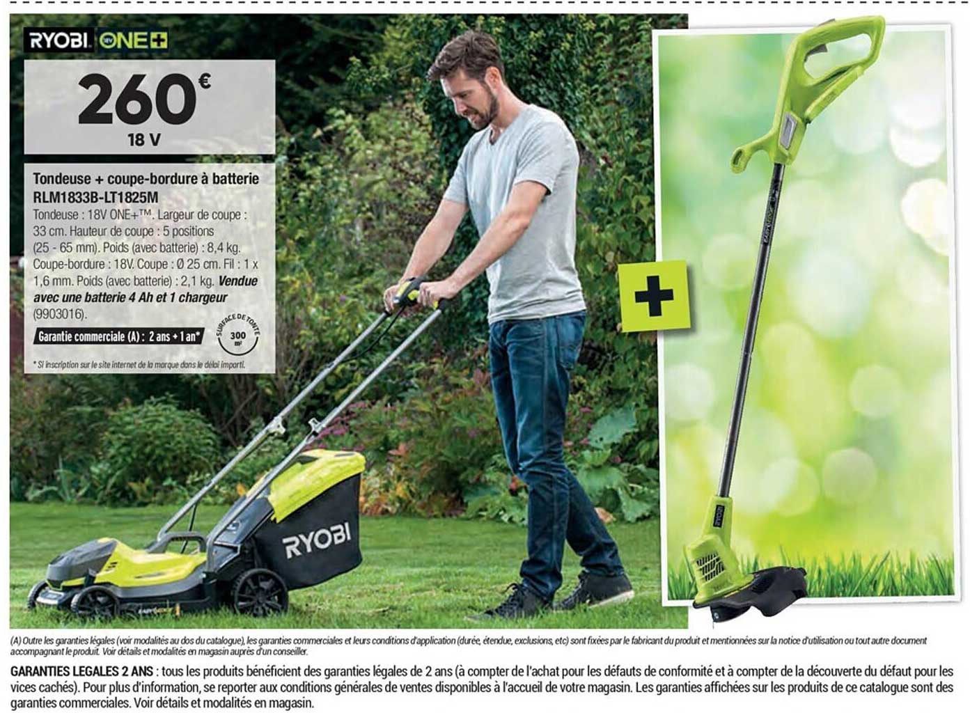 tondeuse + coupe-bordure à batterie ryobi one+