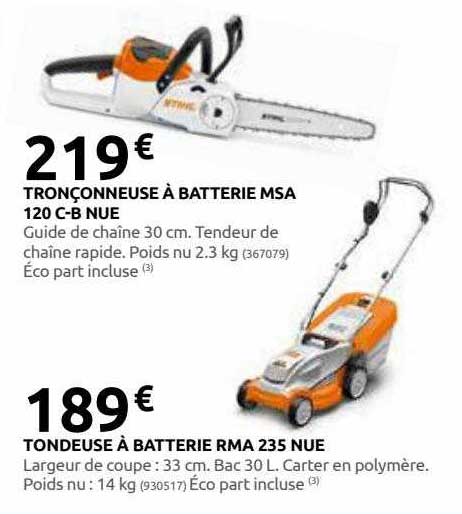 tronçonneuse à batterie msa 120 c-b nue, tondeuse à batterie rma 235 nue