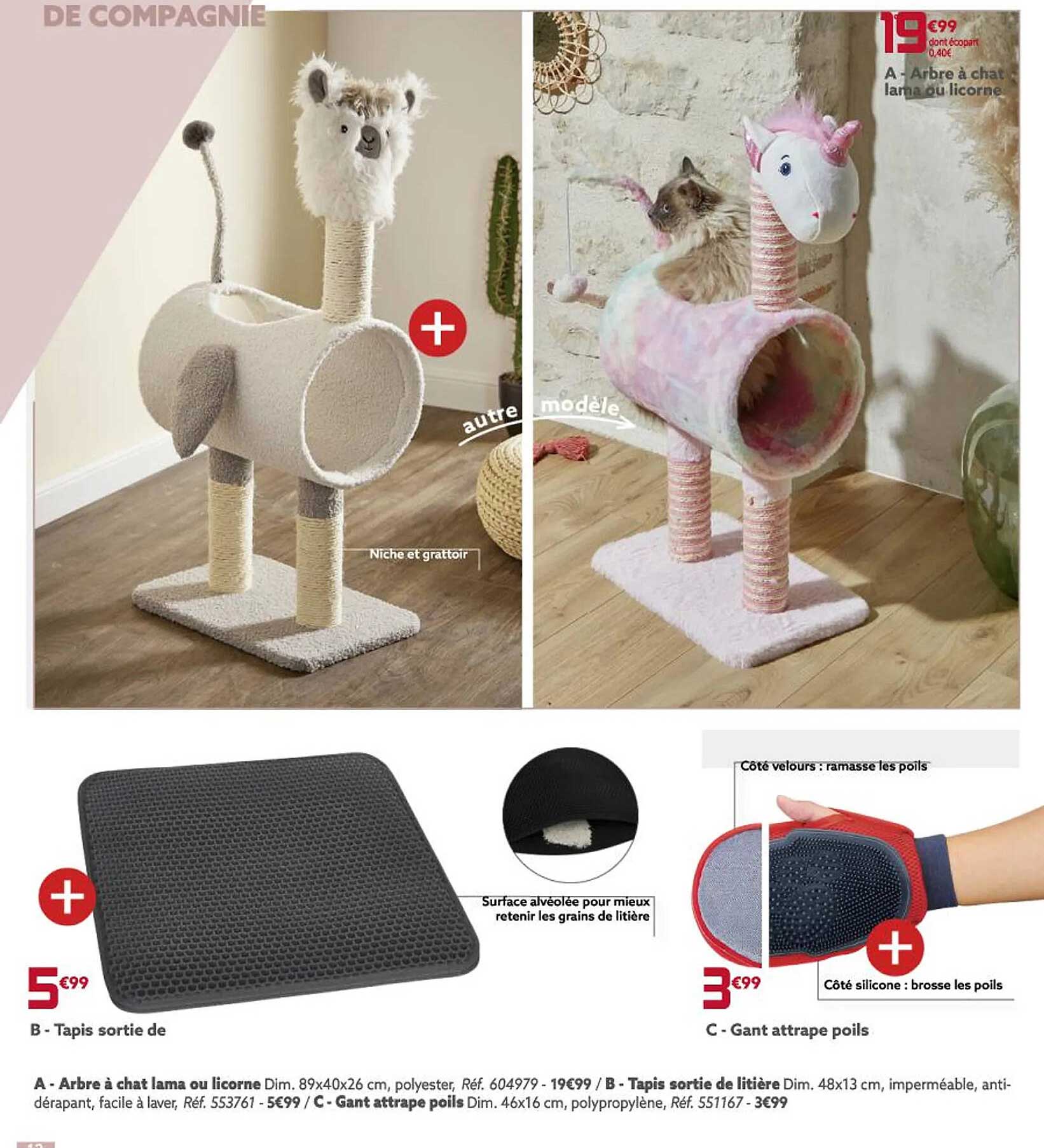 arbre à chat lama ou licorne, triple sortie de litière, gant attrape poile