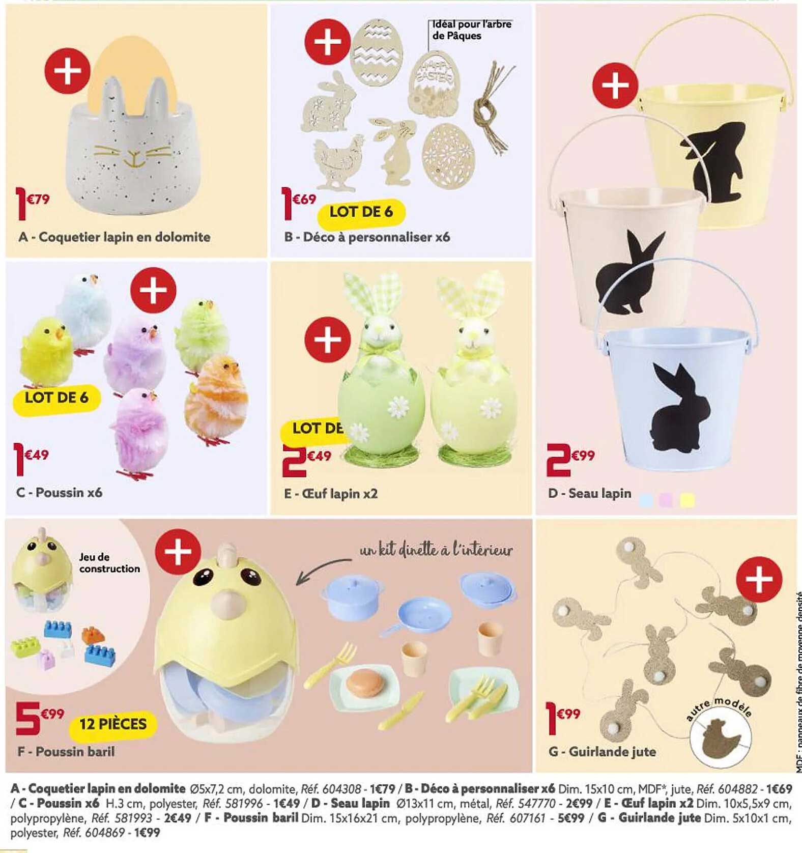 coquetier lapin en dolomite, poussin x 6, jeu de construction, poussin baril, œuf lapin x 2, déco à personnaliser x 6, seau lapin, guirlande jute