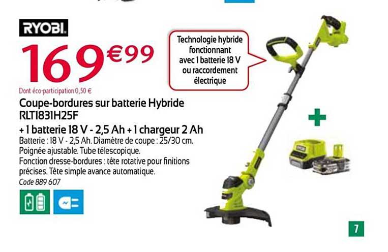 Coupe-bordures Sur Batterie Hybride Rlt1831h25f + 1 Batterie 18v - 2,5 Ah +1 Chargeur 2 Ah Ryobi
