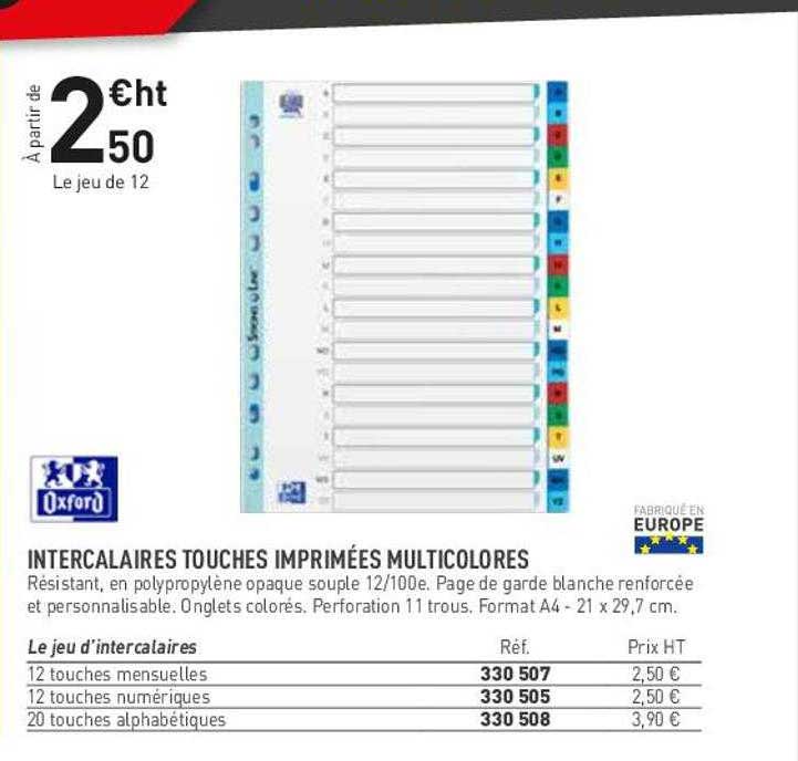 intercalaires touches imprimées multicolores oxford