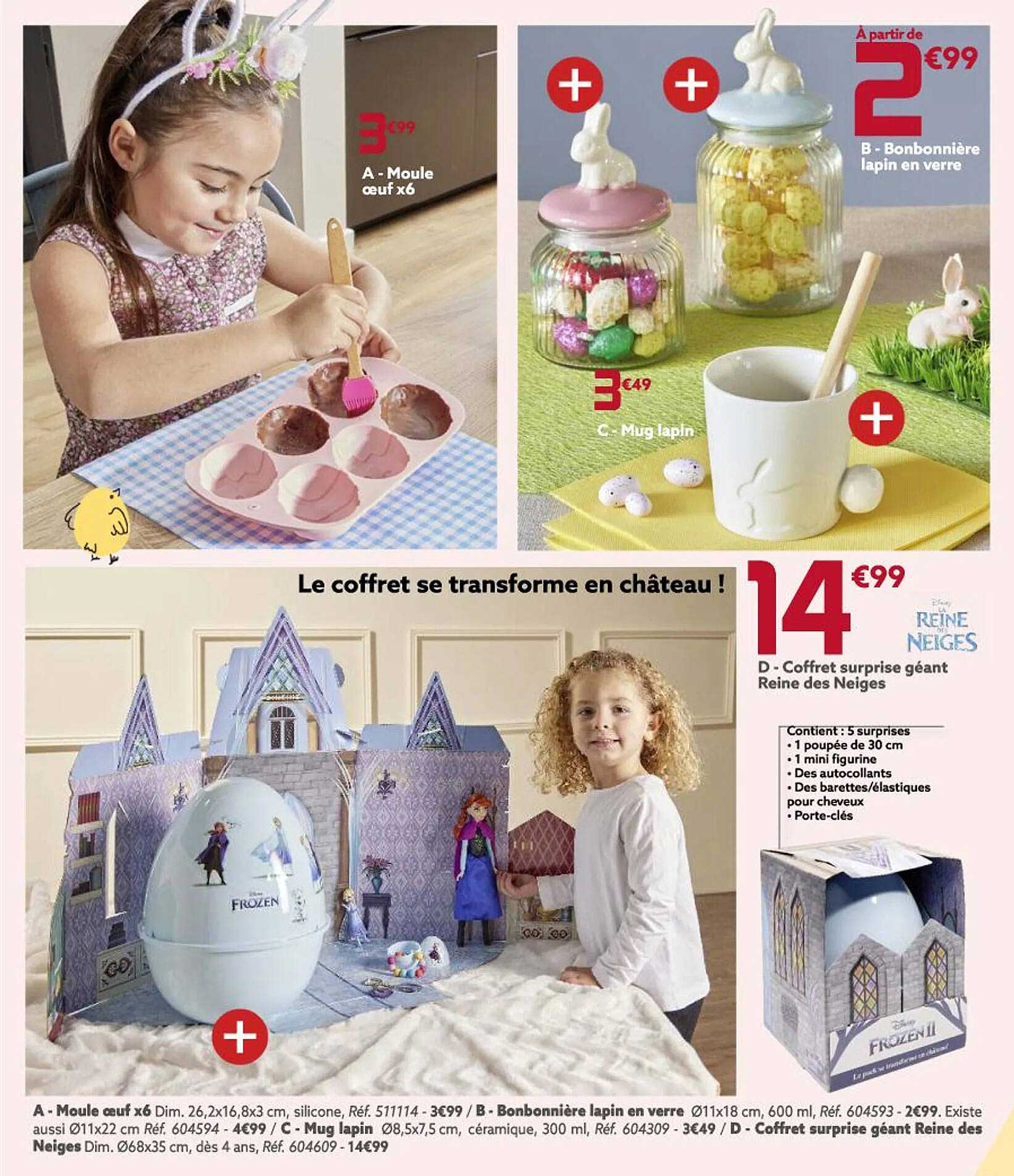 moule œuf x 6, bonbonnière lapin en verre, mug lapin, coffret surprise géant reine des neiges