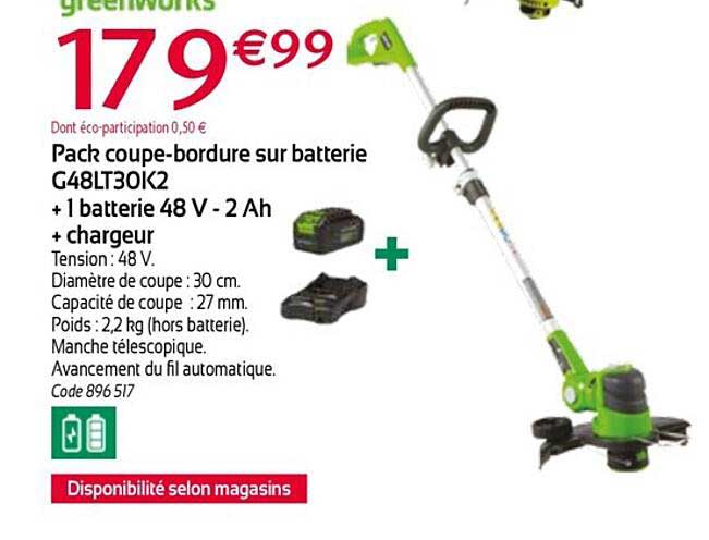 pack coupe-bordure sur batterie g48lt30k2 + 1 batterie 48v - 2 Ah + chargeur greenworks