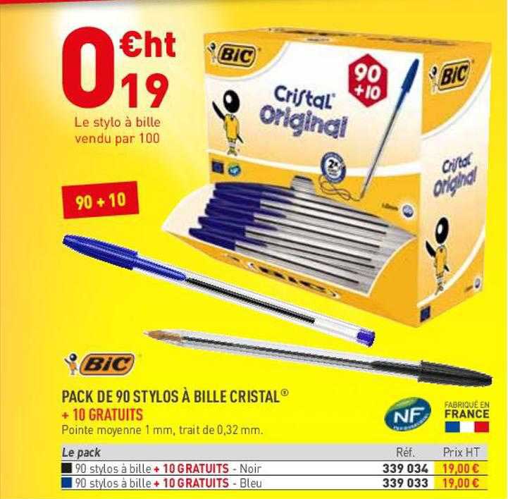 pack de 90 stylos à bille cristal + 10 gratuits bic