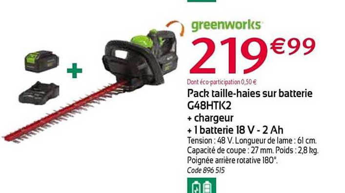 Pack Taille-haies Sur Batterie G48htk2 + Chargeur + 1 Batterie 18v - 2 Ah Greenworks
