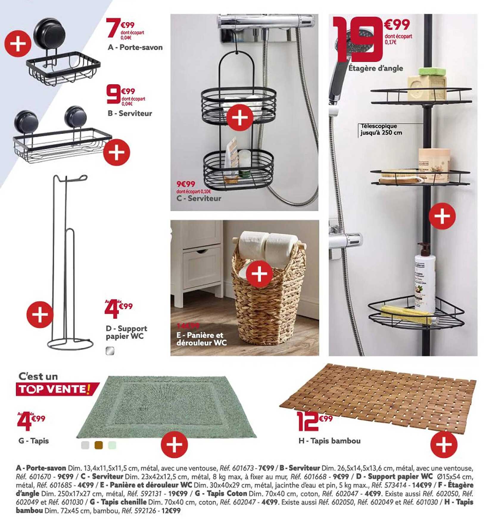 porte-savon, serviteur, support papier wc, serviteur, panière et dérouleur wc, étagère d'angle, tapis, tapis bambou