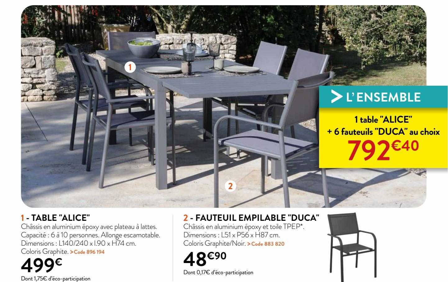 table "alice", fauteuil empilable "duca"