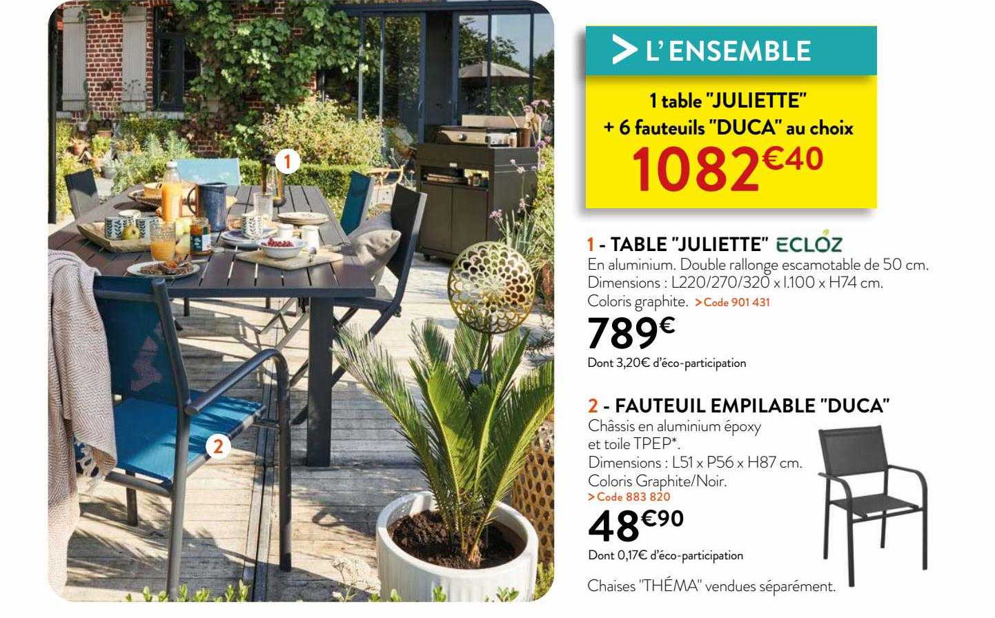 table "juliette" ecloz, fauteuil empilable "duca"