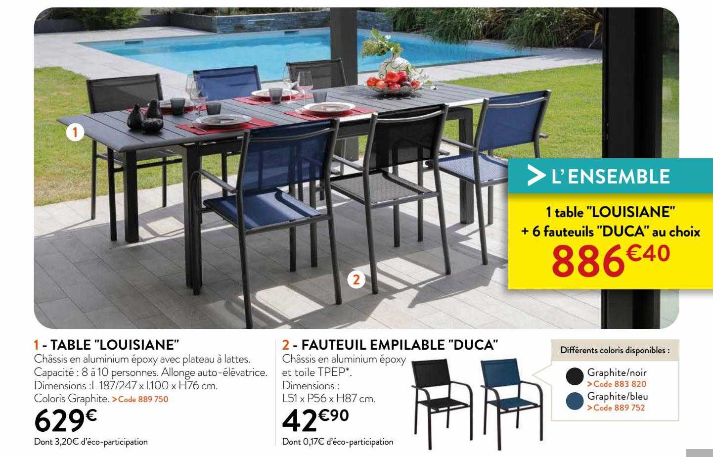 table "louisiane", fauteuil empilable "duca"