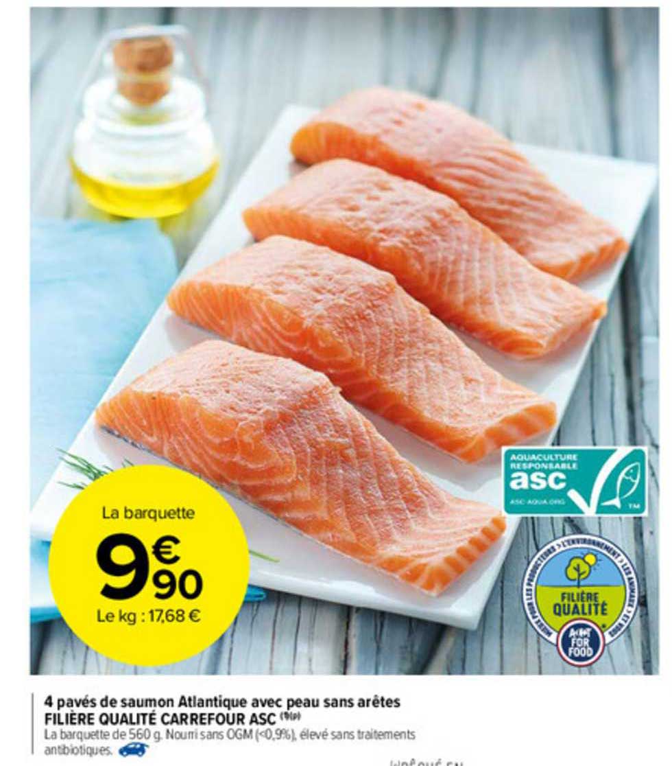 4 pavés de saumon atlantique avec peau sans arêtes filière qualité carrefour asc