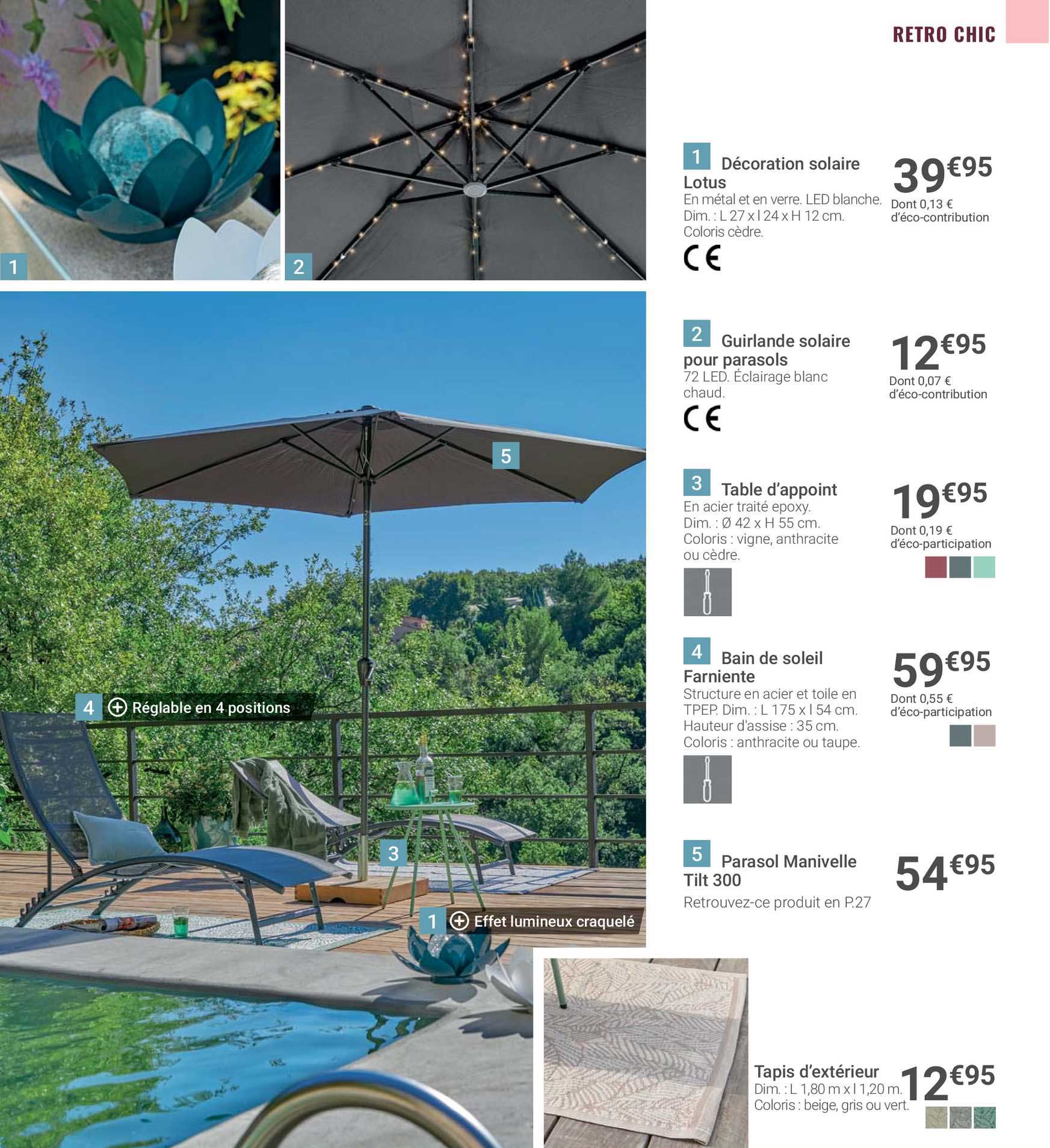 décoration solaire, guirlande solaire pour parasols, table d'appoint, bain de solail farniente, parasol manivelle tilt 300, tapis d'extérieur