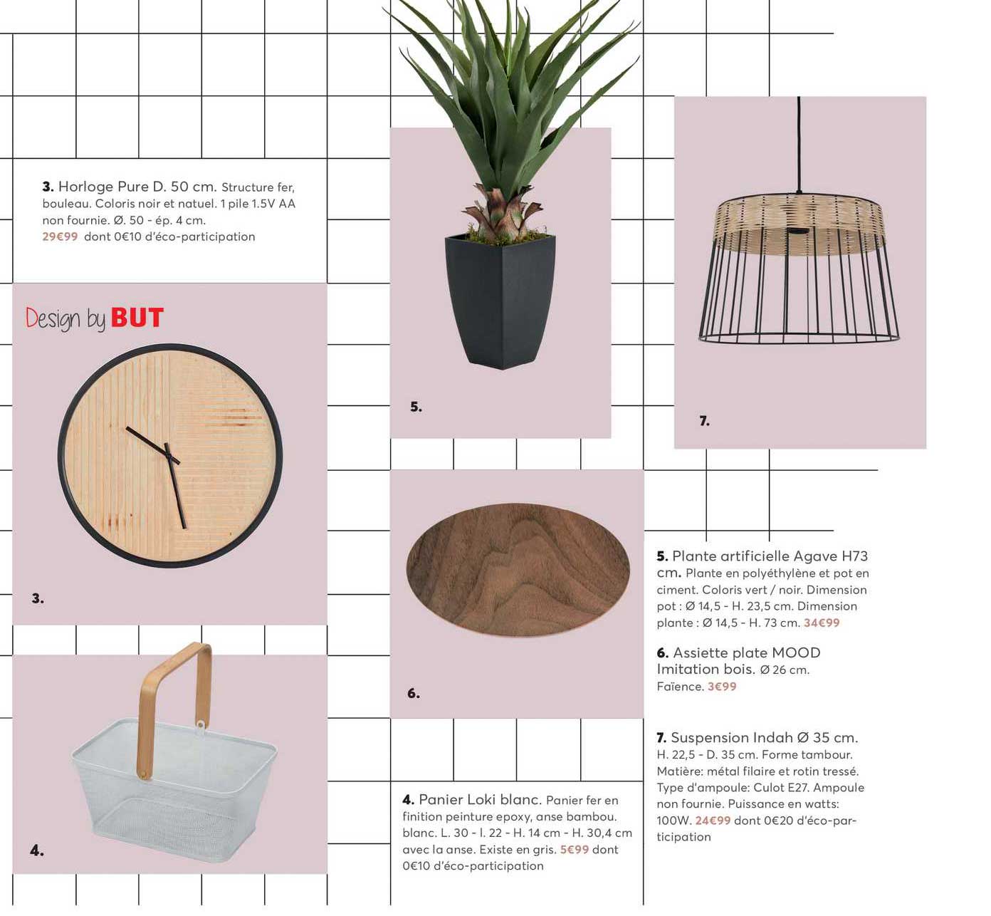 horloge pure d. 50 cm, panier lokl blanc, plante artificielle agave, assiette plate mood, suspension indah 35 cm