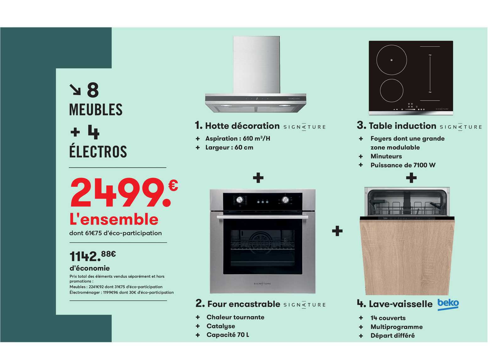 hotte décoration, table induction, four encastrable signature, lave-vaisselle beko