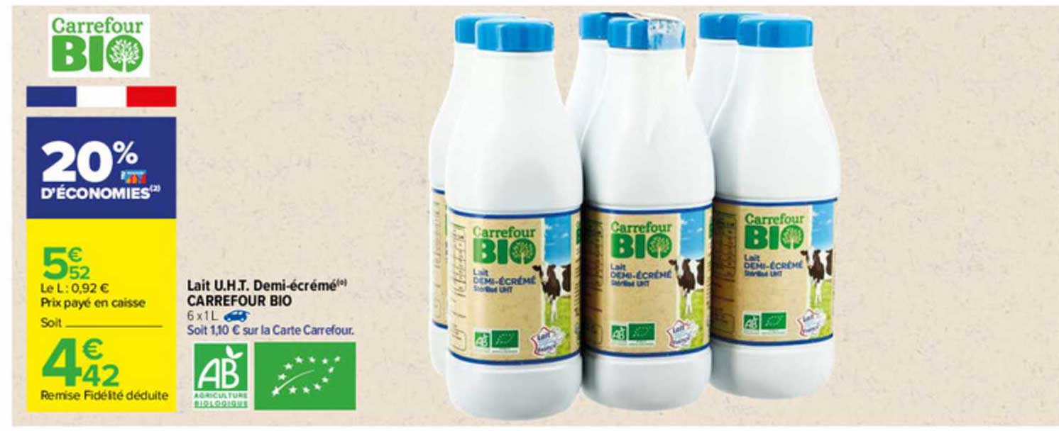 lait u.h.t. demi-écrémé carrefour bio
