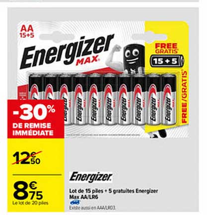 lot de 15 piles + 5 gratuites energizer max aa-lr6