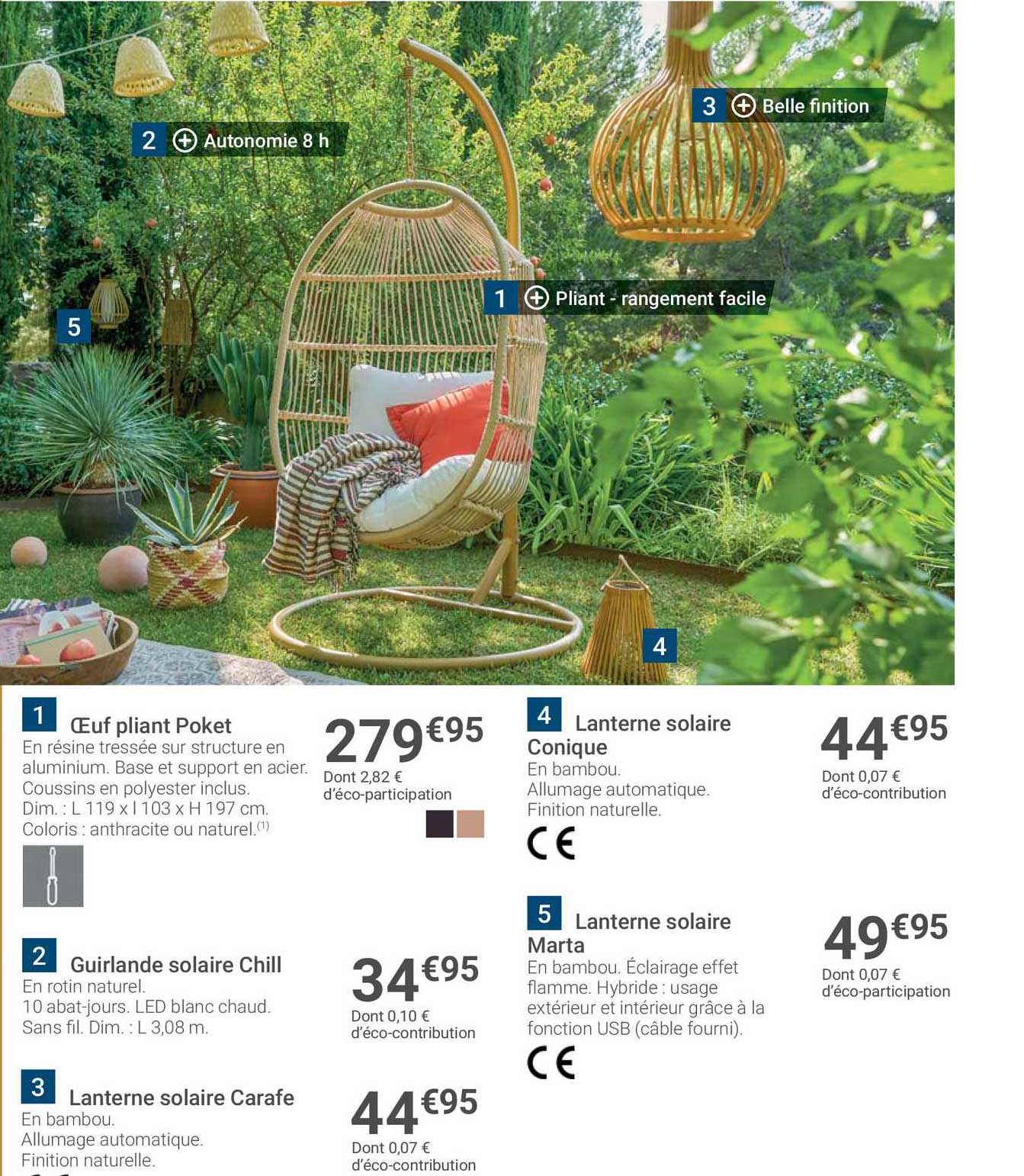 oeuf pliant poket, guirlande solaire chili, lanterne solaire carafe, lanterne solaire conique, lanterne solaire marta