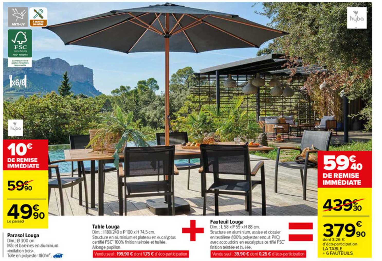 Parasol Louga, Table Louga, Fauteuil Louga