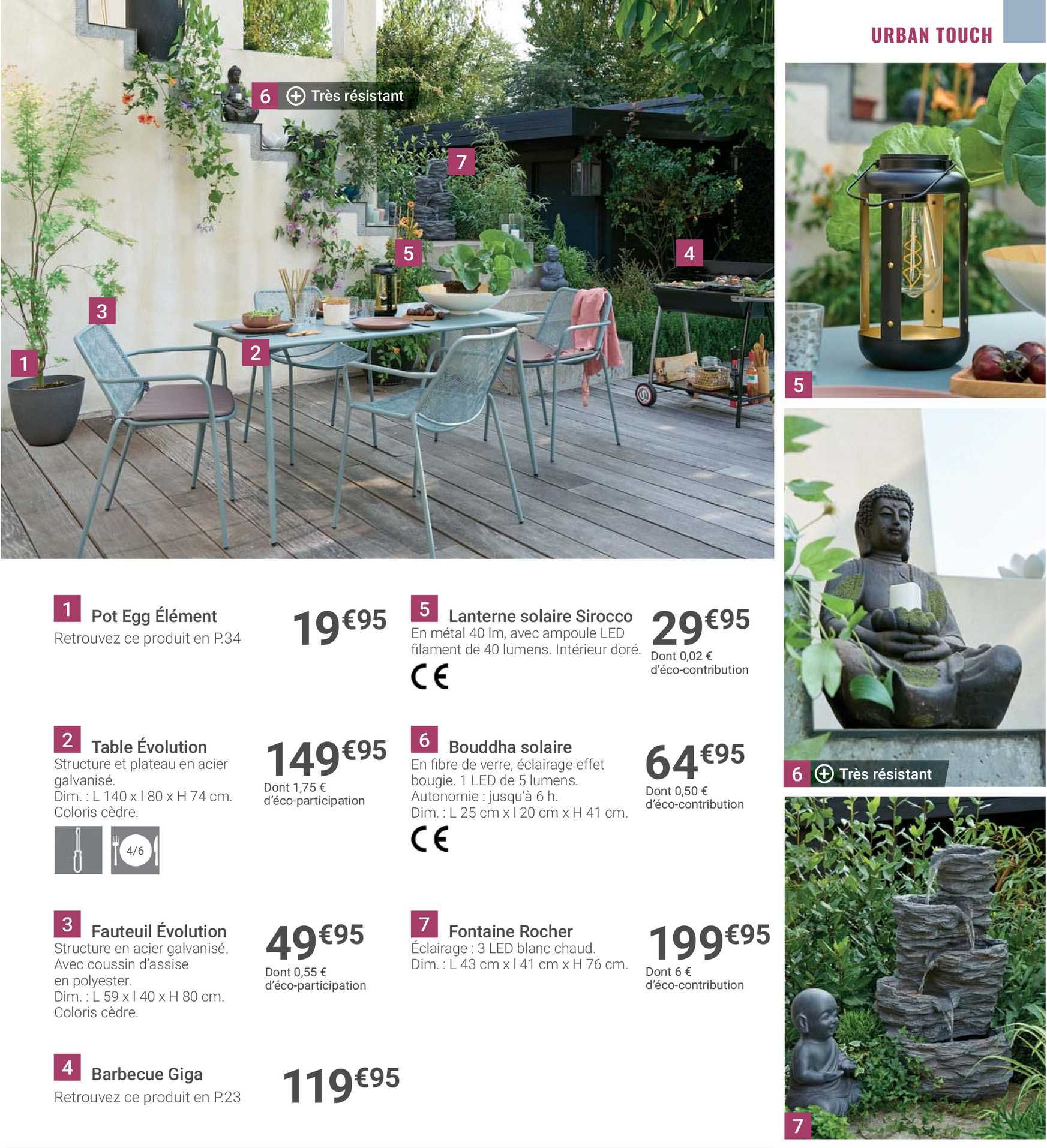 pot egg élément, table évolution, fauteuil évolution, barbecue giga, lanterne solaire sirocco, bouddha solaire, fontaine rocher