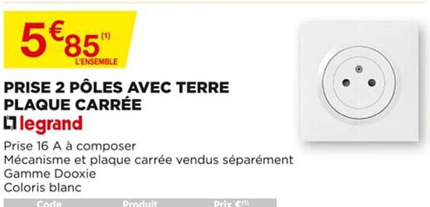 prise 2 pôles avec terre plaque carrée legrand