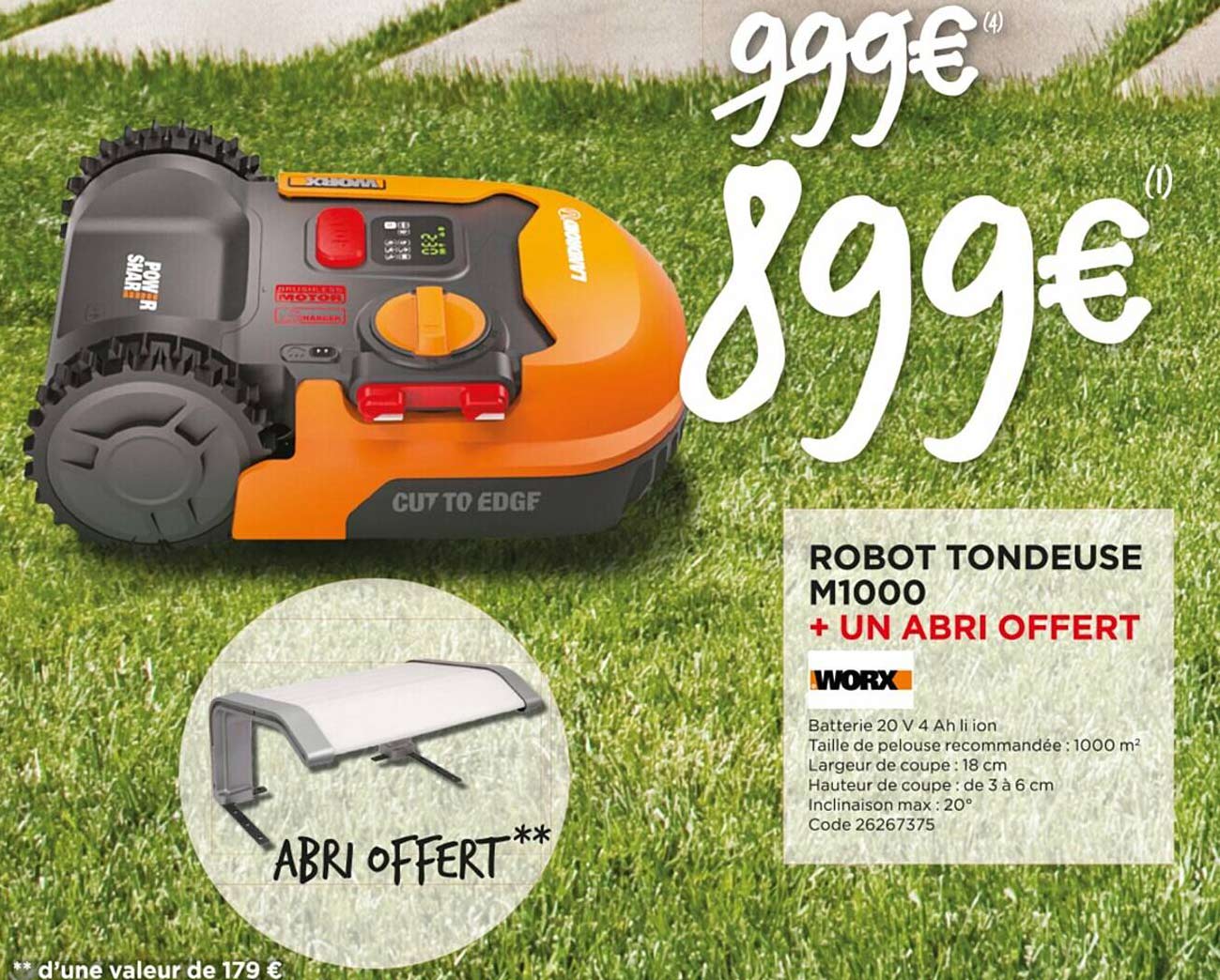 robot tondeuse m1000 + un abri offert worx