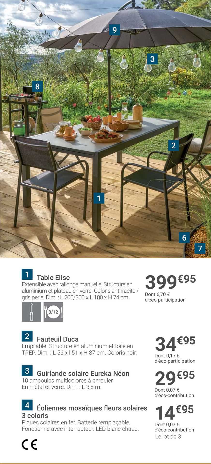 table elise, fauteuil duca, guirlande solaire eureka néon, éoliennes mosaïque fleurs solaires 3 coloris