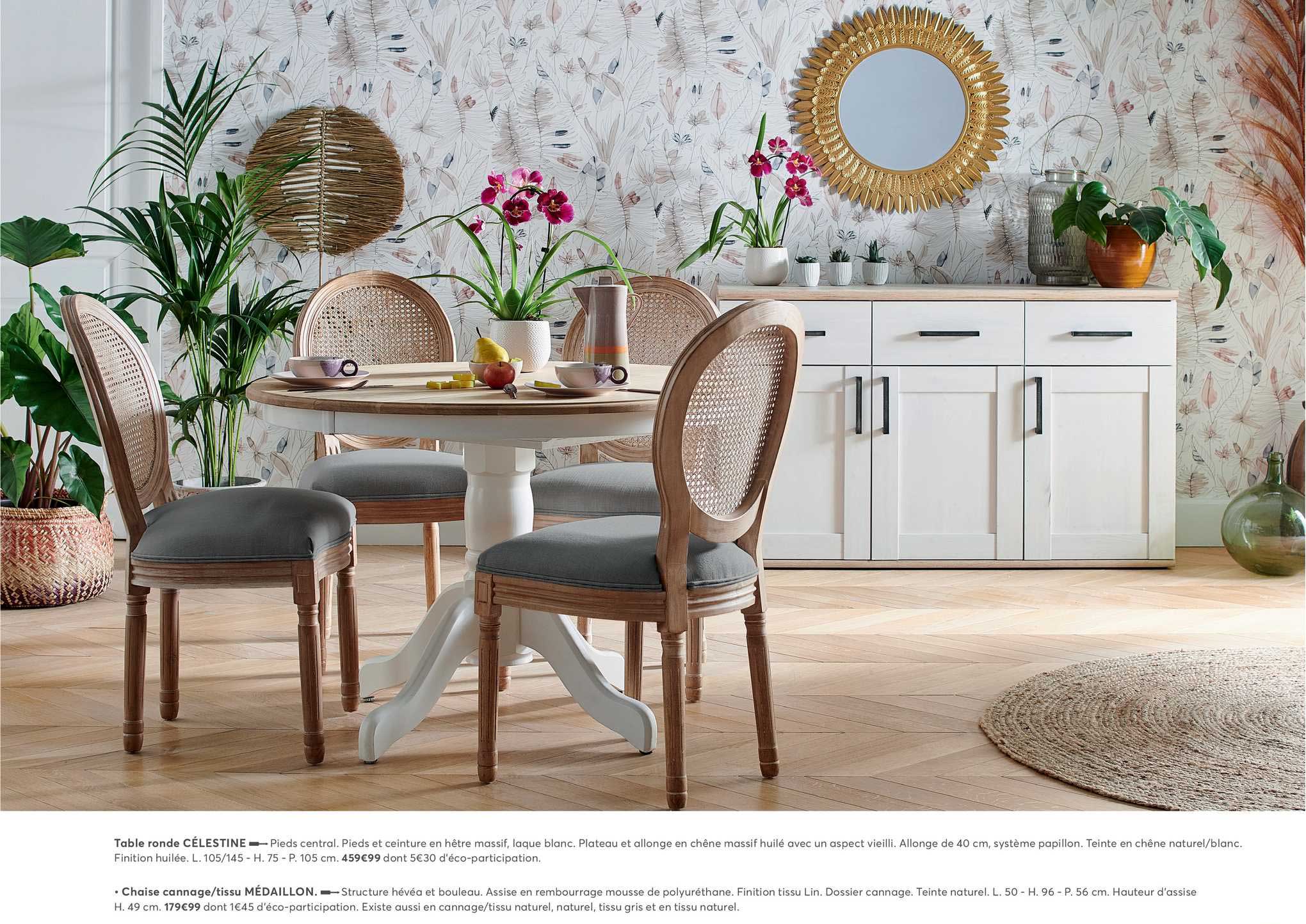 table ronde célestine, chaise cannage-tissu médaillon